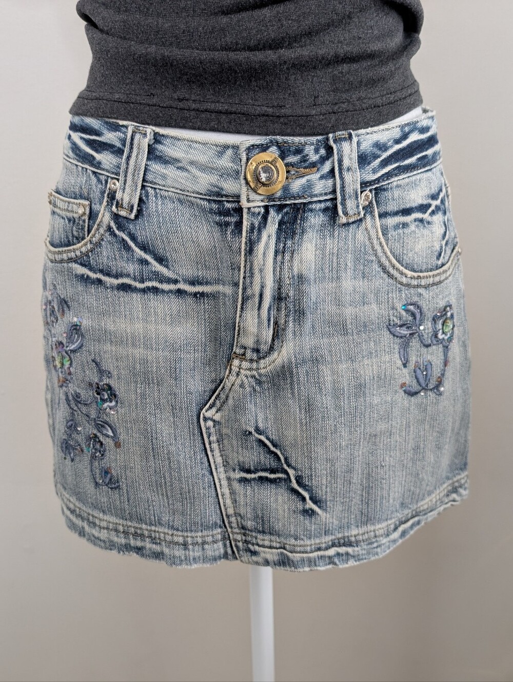 Y2K Embroidered Light Blue Denim Mini Skirt - Rhinstones